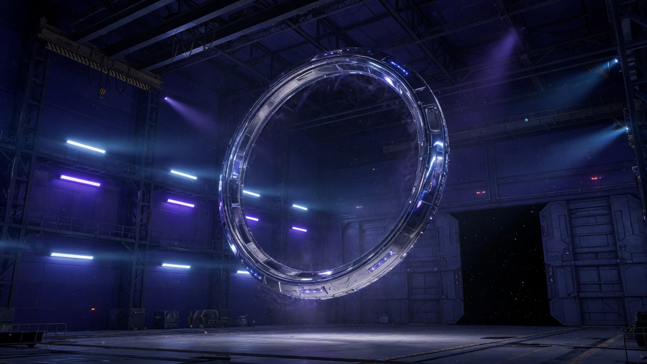 Chrome hangar ring lit inside an indigo bay