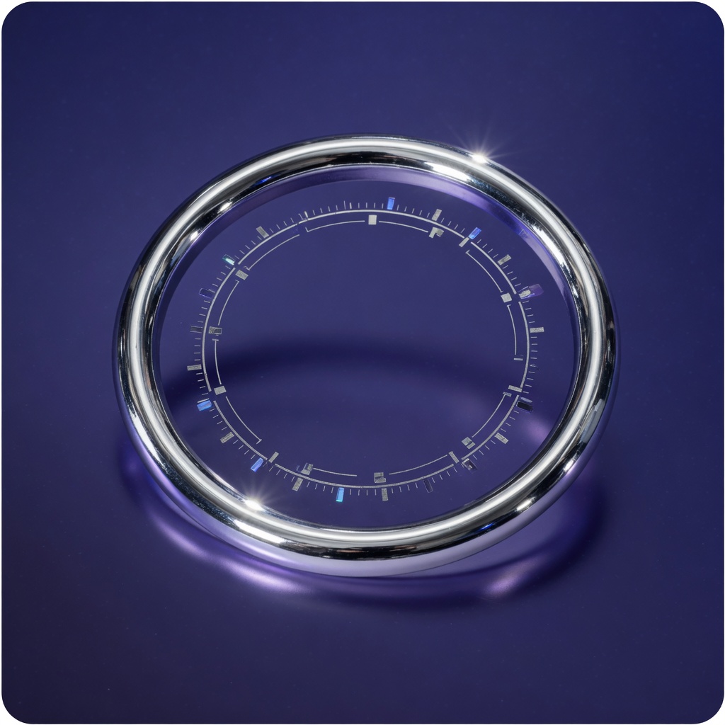Chrome HUD ring with orbital tick marks on indigo